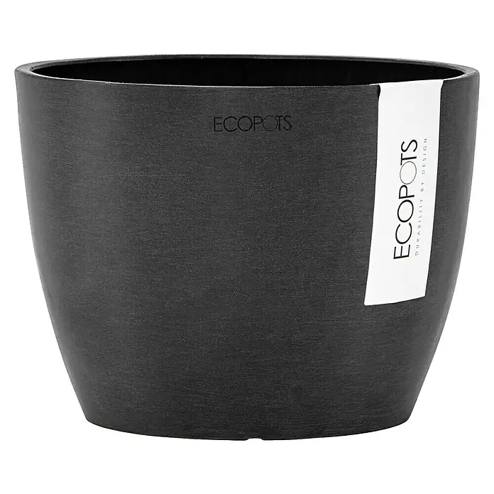 Ecopots Pflanztopf Stockholm - Außenmaß (Ø x H): 16,2 x 12 cm, Kunststoff, Dunkelgrau - Schwarzer ECOPOTS Blumentopf mit moderner Optik und dem ECOPOTS Logo, ideal für stilvolle Pflanzenarrangements im Innen- und Außenbereich.