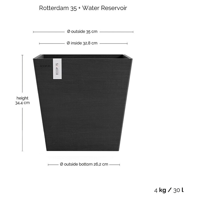 Ecopots Rotterdam Pflanzkasten mit Wasserspeicher (Außenmaß (L x B x H): 35 x 35 x 34,4 cm, Kunststoff, Dunkelgrau) | BAUHAUS