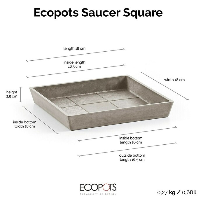 Ecopots Rotterdam Kasten-Untersetzer (16,5 x 16 x 2,5 cm, Kunststoff, Braungrau) | BAUHAUS