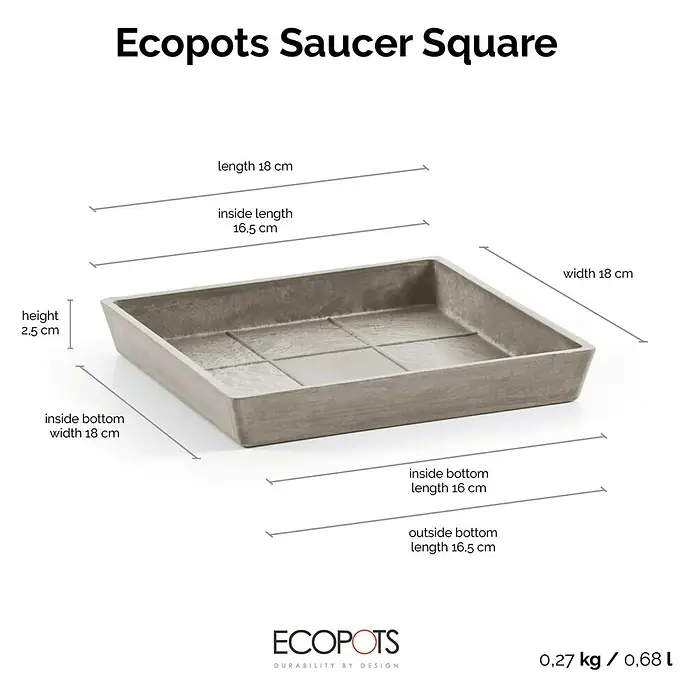 Ecopots Rotterdam Kasten-Untersetzer - 16,5 x 16 x 2,5 cm, Kunststoff, Braungrau - Abbildung eines quadratischen Untersetzers "Ecopots Saucer Square" mit den Maßen Länge, Breite und Höhe, ideal für Pflanzenliebhaber.