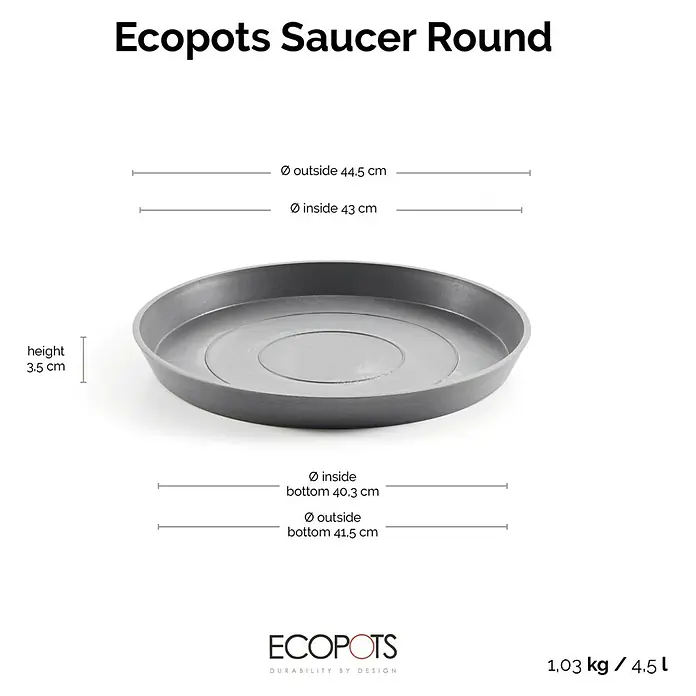 Ecopots Amsterdam Blumentopf-Untersetzer - Außenmaß (Ø x H): 43 x 3,5 cm, Kunststoff, Grau - Abbildung eines grauen, runden Ecopots Untersetzers mit Größenangaben zu Höhe, Innen- und Außendurchmesser.