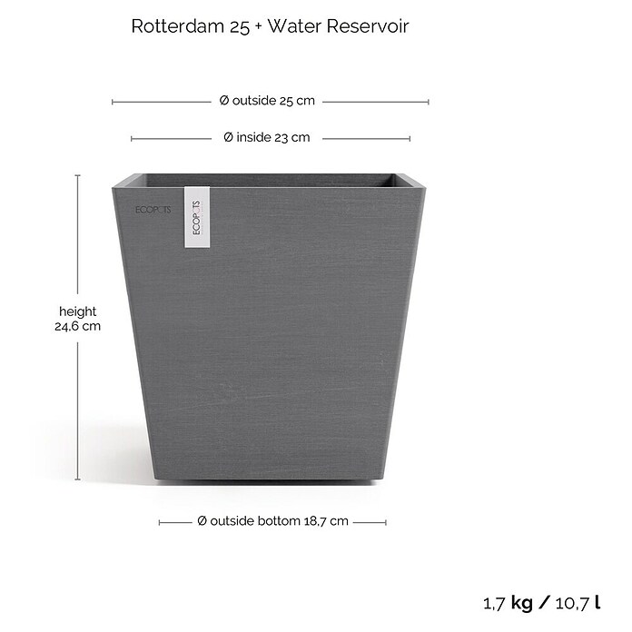 Ecopots Rotterdam Pflanzkasten mit Wasserspeicher (Außenmaß (L x B x H): 25 x 25 x 24,6 cm, Kunststoff, Grau) | BAUHAUS