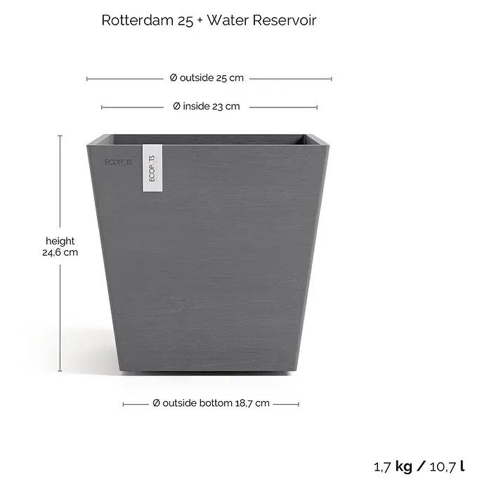 Ecopots Rotterdam Pflanzkasten mit Wasserspeicher - Außenmaß (L x B x H): 25 x 25 x 24,6 cm, Kunststoff, Grau - Bild eines grauen "Rotterdam 25" Pflanzgefäßes mit Wasserreservoir und Größenangaben. Das Gefäß ist quadratisch mit abfallenden Seiten.