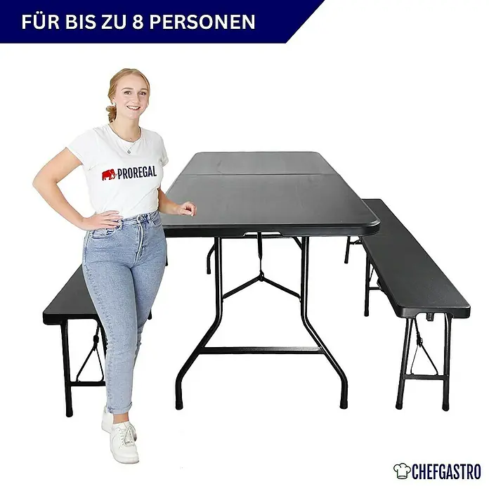 Chefgastro Gartentisch-Set 3-teilig klappbar, 1x Buffettisch & 2x Bierbank, Bierzeltgarnitur - Gesamtumfang: 3 -tlg., L x B x H: 75 x 180 x 74 cm, Klappbar