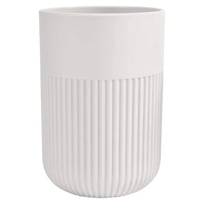Spirella Gino Portacepillos - L x An x Al: 7 x 7 x 11 cm, Diámetro: 7 cm, Plástico, Blanco - Primer plano de una maceta blanca con textura acanalada y sección superior lisa, ideal para plantas de interior y decoración moderna.