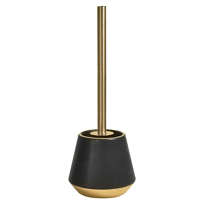 Spirella Joshua Escobillero - Altura: 38,5 cm, Cerámica, Negro y dorado - Elegante escobilla de baño con mango dorado y recipiente negro. Accesorio de baño elegante para instalaciones modernas.