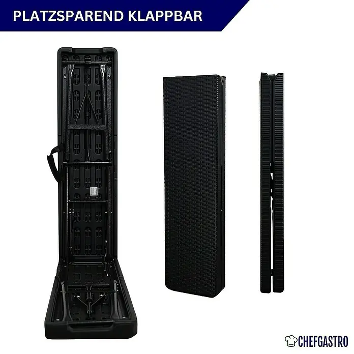 Chefgastro Bierbank 2er Set aus Kunststoff mit Tragegriff, für 8 Personen - 180 x 25 x 43 cm, Rattan Optik, Schwarz, Klappbar