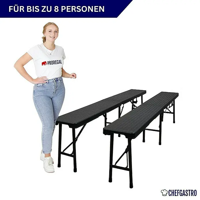Chefgastro Bierbank 2er Set aus Kunststoff mit Tragegriff, für 8 Personen - 180 x 25 x 43 cm, Rattan Optik, Schwarz, Klappbar