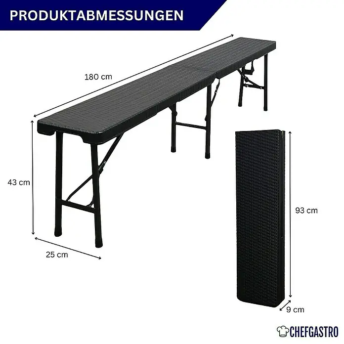Chefgastro Bierbank 2er Set aus Kunststoff mit Tragegriff, für 8 Personen - 180 x 25 x 43 cm, Rattan Optik, Schwarz, Klappbar