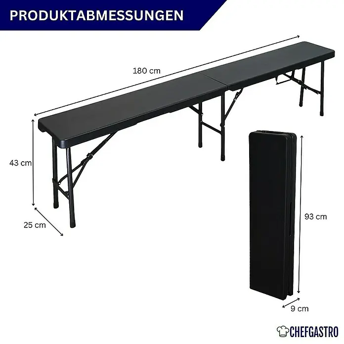 Chefgastro Bierbank 2er Set aus Kunststoff mit Tragegriff, für 8 Personen - 180 x 25 x 43 cm, Schwarz, Klappbar