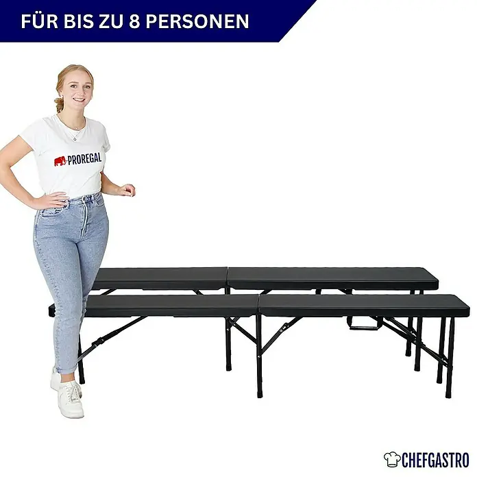 Chefgastro Bierbank 2er Set aus Kunststoff mit Tragegriff, für 8 Personen - 180 x 25 x 43 cm, Schwarz, Klappbar