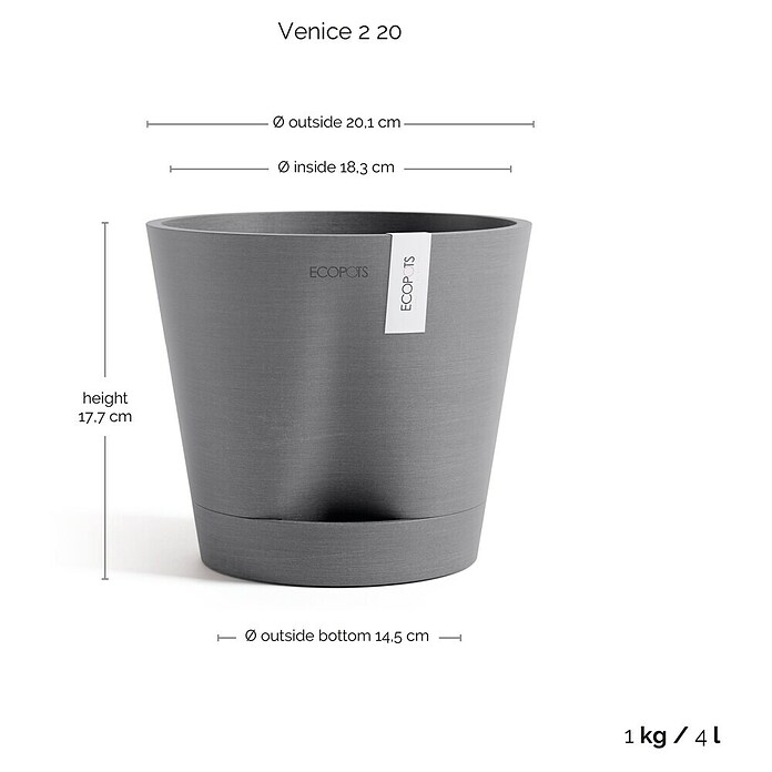 Ecopots Pflanztopf Venice 2 (Außenmaß (Ø x H): 20,1 x 17,7 cm, Kunststoff, Grau) | BAUHAUS