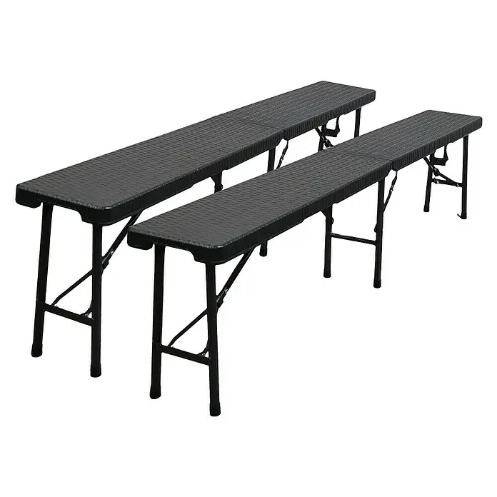 Chefgastro Bierbank 2er Set aus Kunststoff mit Tragegriff, für 8 Personen - 180 x 25 x 43 cm, Rattan Optik, Schwarz, Klappbar