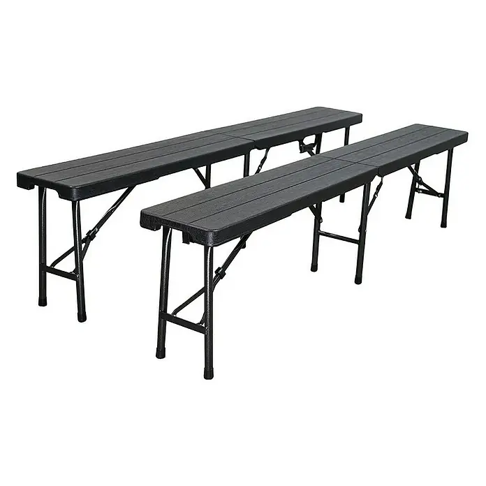 Chefgastro Klappbank Bierbank 2er Set aus Kunststoff mit Tragegriff, für 8 Personen - 180 x 25 x 43 cm, Holz Optik, Schwarz, Klappbar