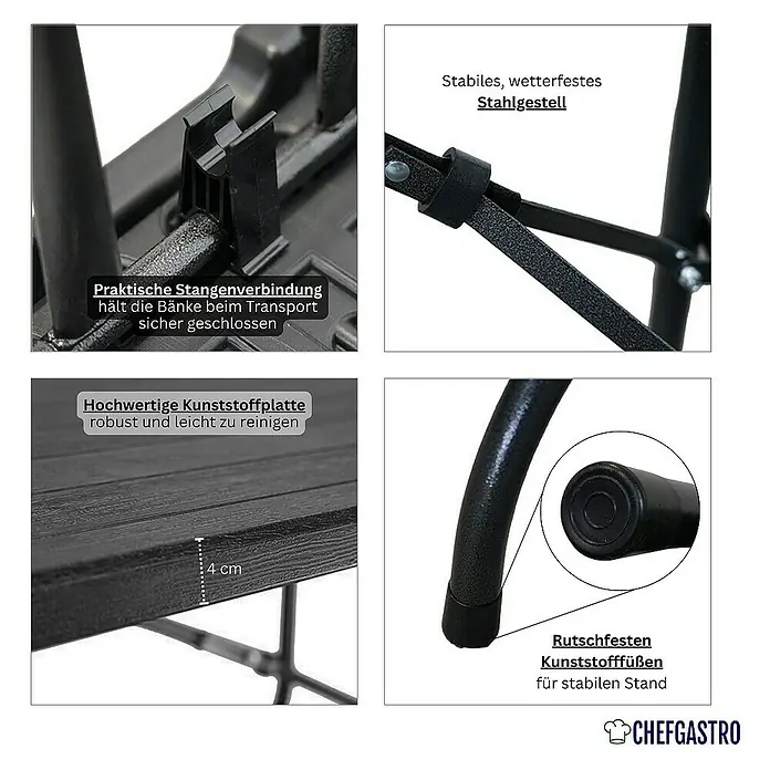 Chefgastro Klappbank Bierbank 2er Set aus Kunststoff mit Tragegriff, für 8 Personen - 180 x 25 x 43 cm, Holz Optik, Schwarz, Klappbar