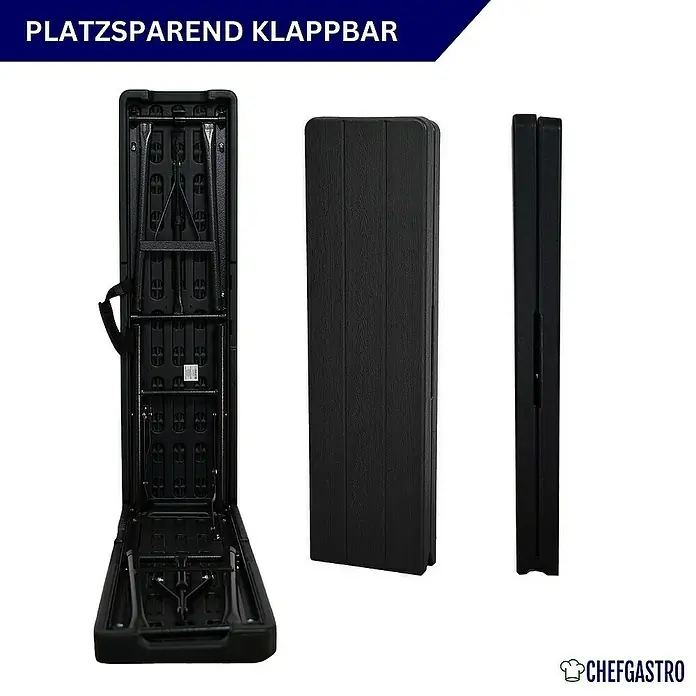 Chefgastro Klappbank Bierbank 2er Set aus Kunststoff mit Tragegriff, für 8 Personen - 180 x 25 x 43 cm, Holz Optik, Schwarz, Klappbar
