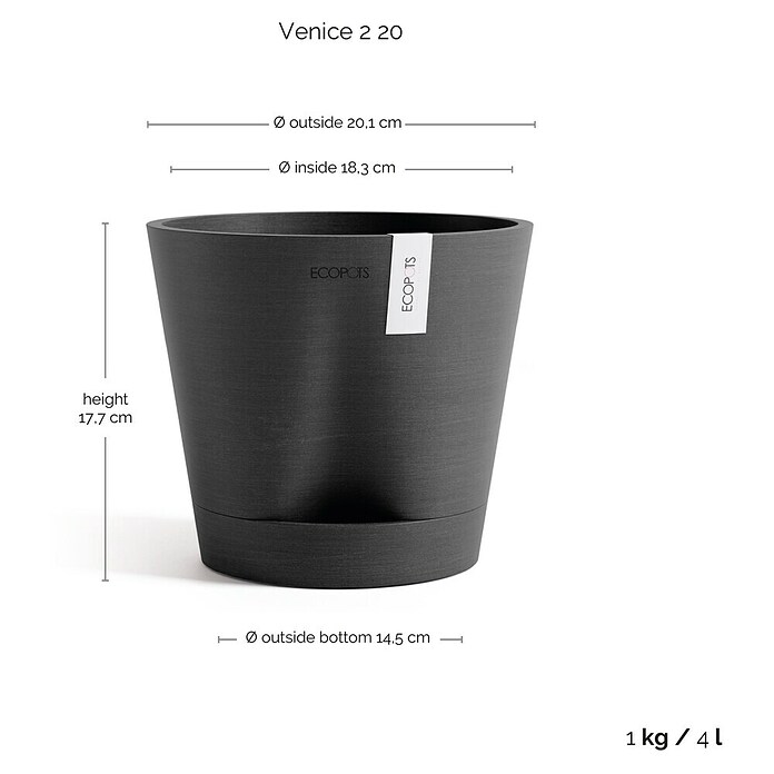 Ecopots Pflanztopf Venice 2 (Außenmaß (Ø x H): 20,1 x 17,7 cm, Kunststoff, Dunkelgrau) | BAUHAUS
