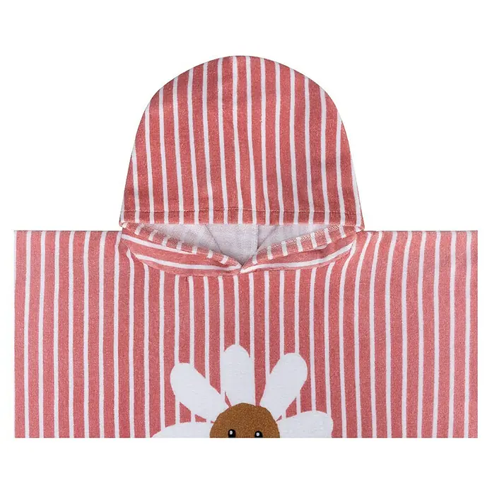Swim Essentials Badeponcho - Baumwolle, Rot-Weiß - Nahaufnahme eines gestreiften Kinderponchos mit Kapuze und einer aufgenähten Gänseblume.