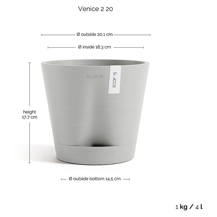 Ecopots Pflanztopf Venice 2 (Außenmaß (Ø x H): 20,1 x 17,7 cm, Kunststoff, Weiß Grau) | BAUHAUS