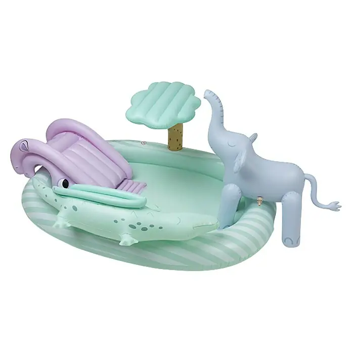 Swim Essentials Planschbecken WIld Life - Ø x H: 210 x 150 cm - Aufblasbares Kinderplanschbecken mit Rutsche, Krokodil und Elefantensprinkler für sommerlichen Wasserspaß im Garten.