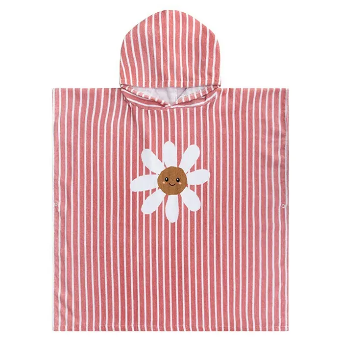 Swim Essentials Badeponcho - Baumwolle, Rot-Weiß - Niedlicher rosa-weiß gestreifter Kinderponcho mit Kapuze und aufgestickter Gänseblümchen-Applikation für den Strand oder das Schwimmbad.