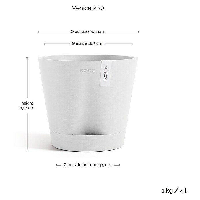 Ecopots Pflanztopf Venice 2 (Außenmaß (Ø x H): 20,1 x 17,7 cm, Kunststoff, Weiß) | BAUHAUS