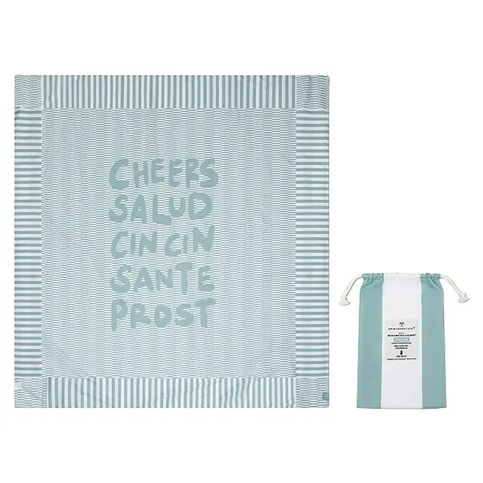 Swim Essentials Handtuch - 180 x 180 cm, Grün-Weiß - Quadratische, grün gestreifte Decke mit "Cheers" in verschiedenen Sprachen und passender Tragetasche. Perfekt für Picknicks und Reisen.