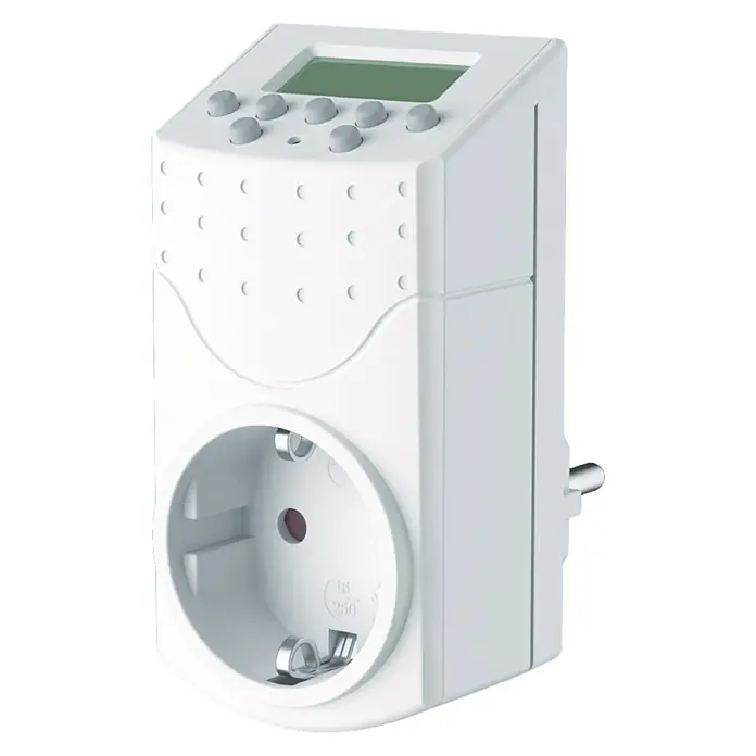 UniTEC Wochen-Zeitschaltuhr - Weiß, Digital - Ein weißer, programmierbarer digitaler Zeitschaltuhr-Stecker mit LCD-Bildschirm und mehreren Tasten zur Steuerung der Timer-Funktionen.