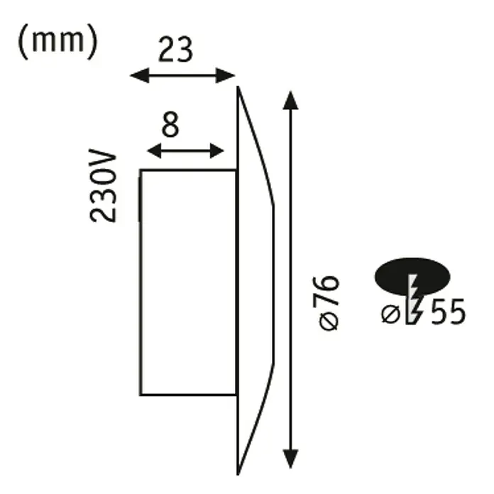 Paulmann Special Line LED-Einbauleuchte - 1,4 W, Weiß, Warmweiß, IP65 - Technische Zeichnung einer Wandleuchte mit Bemaßungen, inklusive Durchmesser und Abstand zur Wand.