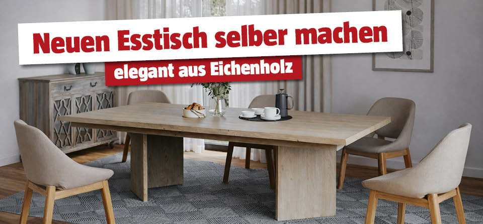 Selbstgemachter Esstisch im Esszimmer mit Stühlen