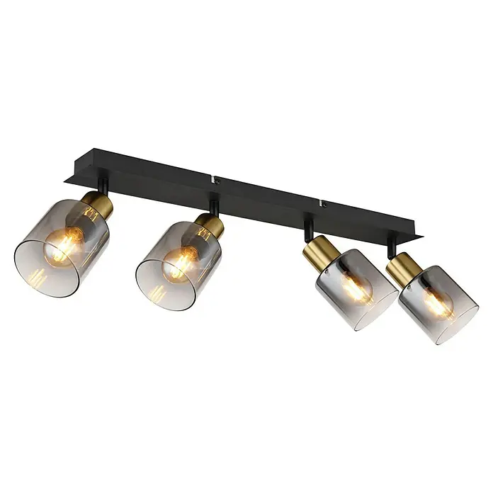 Globo Regleta Jocelyn - 25 W, L x An x Al: 550 x 80 x 180 mm, Negro, E14 - Lámpara de techo moderna con cuatro pantallas de vidrio ahumado y detalles dorados, que añade un toque de elegancia a cualquier habitación.