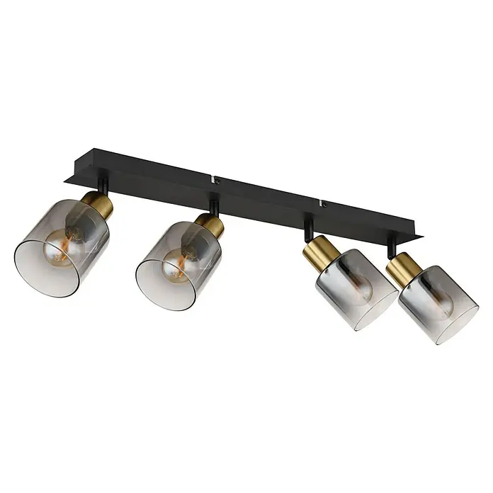 Globo Regleta Jocelyn - 25 W, L x An x Al: 550 x 80 x 180 mm, Negro, E14 - Elegante lámpara de techo con cuatro focos. La lámpara tiene elementos de vidrio y latón dispuestos en un diseño moderno.