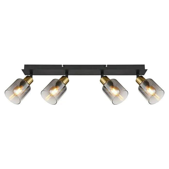 Globo Deckenstrahler Hollsy - 25 W, L x B x H: 550 x 80 x 180 mm, Schwarz, E14 - Die stilvolle Deckenleuchte mit vier Strahlern in Gold und Rauchglas sorgt für eine angenehme Beleuchtung. Ideal für moderne Wohnräume.
