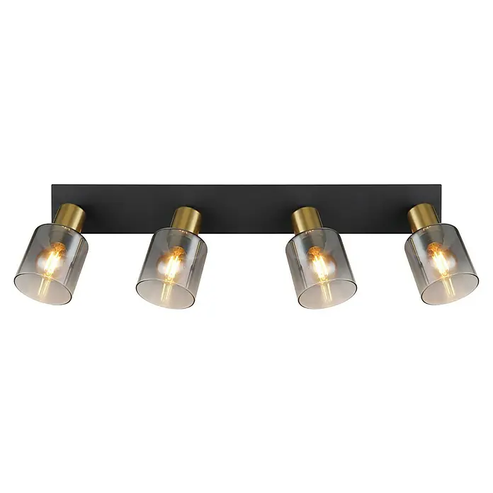 Globo Deckenstrahler Hollsy - 25 W, L x B x H: 550 x 80 x 180 mm, Schwarz, E14 - Nahaufnahme einer modernen LED-Deckenleuchte mit vier grauen Glasschirmen und goldenen Akzenten. Stilvolle Beleuchtung für jeden Raum.