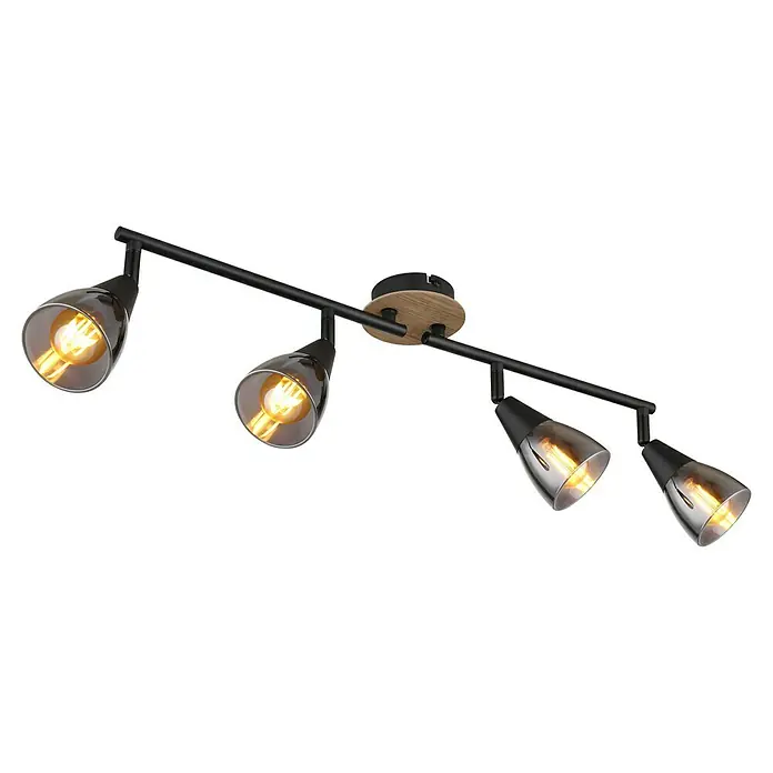 Globo Plafón Robby - 25 W, L x An x Al: 60 x 10 x 19 cm, Marrón, E14 - Una lámpara de techo con cuatro focos ajustables, ideal para una iluminación flexible de la habitación. El diseño combina negro y madera.