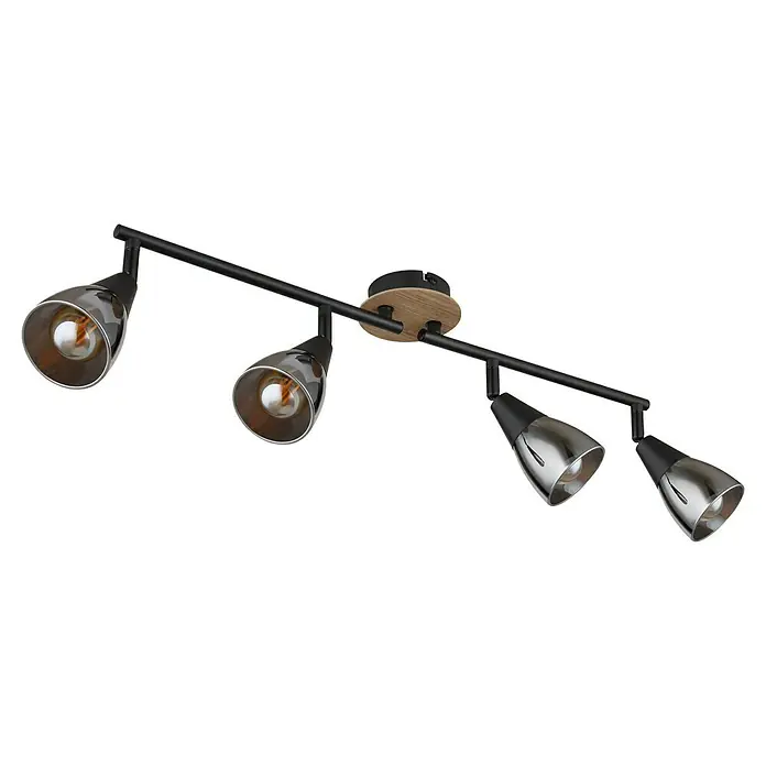 Globo Plafón Robby - 25 W, L x An x Al: 60 x 10 x 19 cm, Marrón, E14 - Una lámpara de techo moderna con cuatro focos cromados y negros montados sobre una base de madera. Iluminación elegante para cualquier habitación.