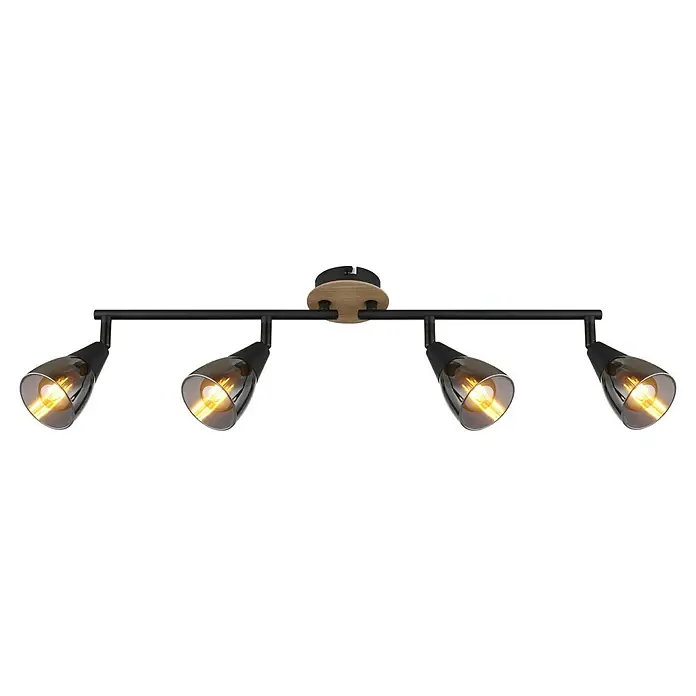 Globo Plafón Robby - 25 W, L x An x Al: 60 x 10 x 19 cm, Marrón, E14 - Primer plano de una moderna lámpara de techo con cuatro focos, que emite luz cálida y crea un ambiente elegante.