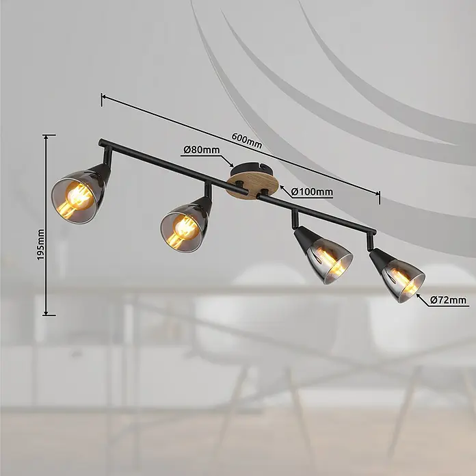 Globo Plafón Robby - 25 W, L x An x Al: 60 x 10 x 19 cm, Marrón, E14 - Lámpara de techo con cuatro focos, diseño moderno en negro y aspecto de madera para una iluminación elegante.