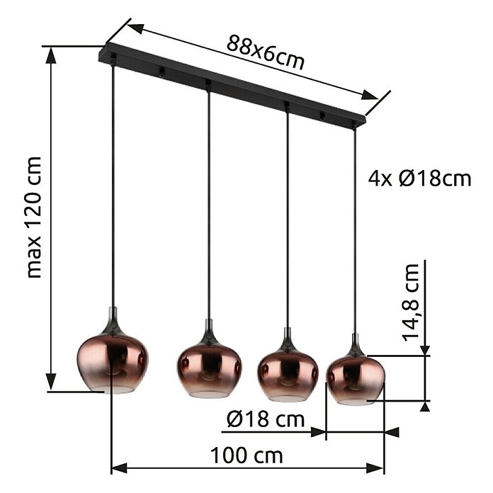 Globo Pendelleuchte Maxy (E27, 40 W, L x B x H: 1 000 x 180 x 1 200 mm, Klar, Kupferfarben, Schwarz, Schwarz-Chrom) | BAUHAUS