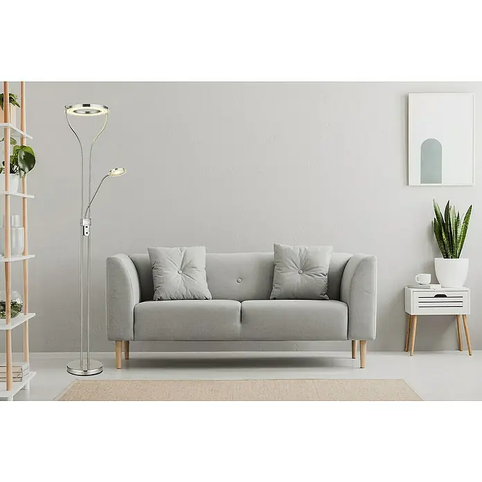 Globo LED-Stehleuchte Ebro - 20 W, Silber, Warmweiß, L x B x H: 35 x 30 x 194 cm - Elegante Stehlampe mit zwei Leuchten in einem modernen Wohnzimmer. Die Lampe spendet angenehmes Licht für gemütliche Stunden.