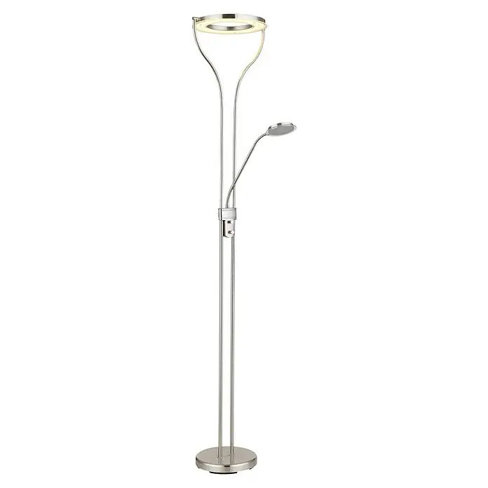 Globo LED-Stehleuchte Ebro - 20 W, Silber, Warmweiß, L x B x H: 35 x 30 x 194 cm - Eine moderne Stehlampe aus gebürstetem Stahl mit ringförmigem Licht und einem Lesearm, ideal für Wohn- und Arbeitsbereiche.