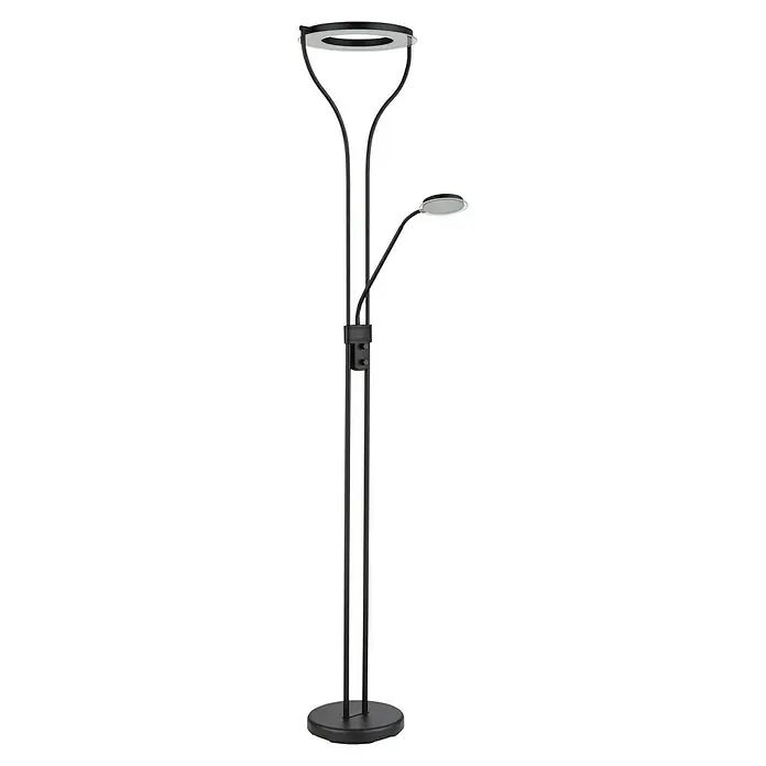 Globo LED-Stehleuchte Ebro - 20 W, Schwarz, Warmweiß, L x B x H: 35 x 30 x 194 cm - Eine schwarze Stehlampe mit zwei Leuchten und einem Ablagetisch. Das moderne Design passt in jeden Raum.
