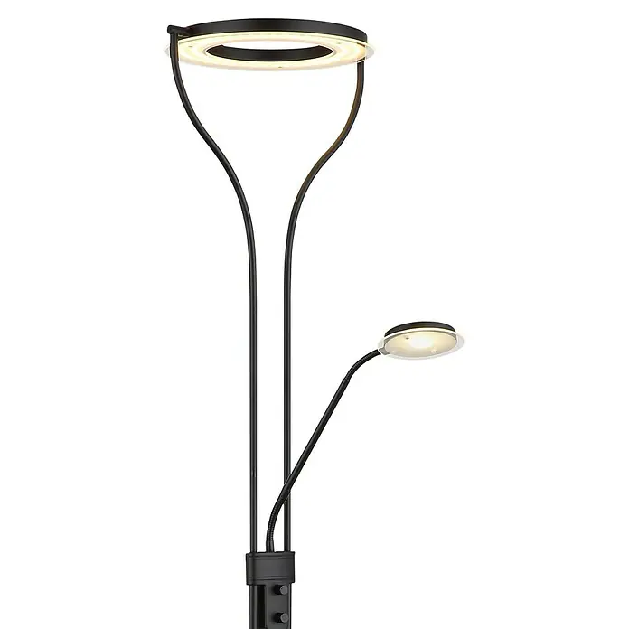 Globo LED-Stehleuchte Ebro - 20 W, Schwarz, Warmweiß, L x B x H: 35 x 30 x 194 cm - Moderne Stehlampe mit zwei Lichtquellen, einem Ring und einem kleinen runden Licht, ideal für Wohn- oder Arbeitsbereiche.