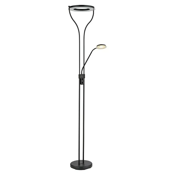 Globo LED-Stehleuchte Ebro - 20 W, Schwarz, Warmweiß, L x B x H: 35 x 30 x 194 cm - Eine schwarze Stehlampe mit runden Lampen oben und seitlich. Das moderne Design sorgt für angenehme Beleuchtung im Raum.