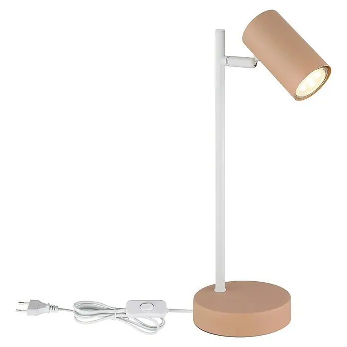 Globo Tischleuchte Robby - 5 W, L x B x H: 132 x 120 x 350 mm, Pfirsichfarben, Weiß, GU10 - Nahaufnahme einer modernen Tischleuchte mit Lampenschirm in Rosa und einem schlichten, weißen Gestell, perfekt für den modernen Arbeitsbereich.
