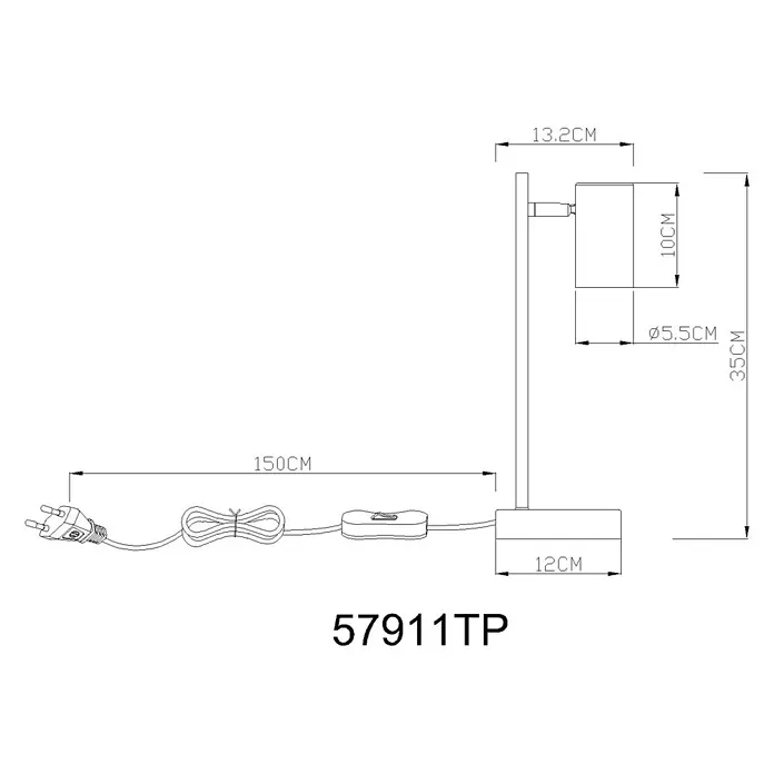 Globo Tischleuchte Robby - 5 W, L x B x H: 132 x 120 x 350 mm, Pfirsichfarben, Weiß, GU10 - Abbildung einer Tischleuchte mit Maßangaben für Design und Größe, einschließlich Kabellänge.