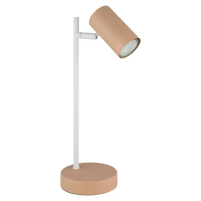 Globo Tischleuchte Robby - 5 W, L x B x H: 132 x 120 x 350 mm, Pfirsichfarben, Weiß, GU10 - Nahaufnahme einer modernen Tischleuchte mit beigem Schirm und weißem Gestell, die ein minimalistisches Design und eine gerichtete Beleuchtung zeigt.