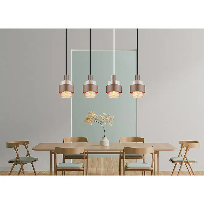 Globo Pendelleuchte Milley - L x B x H: 110 x 18,5 x 150 cm, Schwarz, E27 - Vier moderne Pendelleuchten mit bronzefarbenen Akzenten über einem Esstisch, die eine warme und einladende Atmosphäre schaffen.