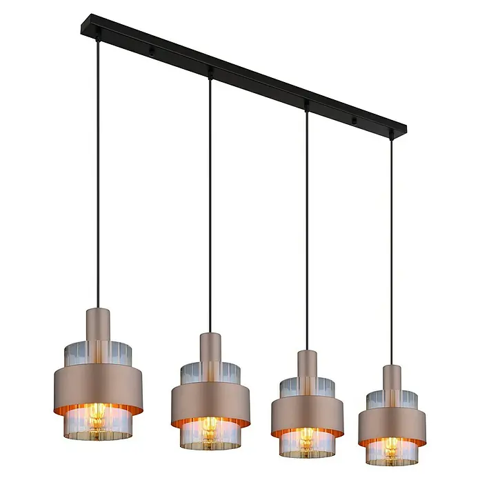 Globo Pendelleuchte Milley - L x B x H: 110 x 18,5 x 150 cm, Schwarz, E27 - Moderne Pendelleuchte mit vier Lampen, ideal für Esszimmer oder Kücheninsel. Das Design kombiniert Goldtöne mit klaren Glaselementen für einen eleganten Look.