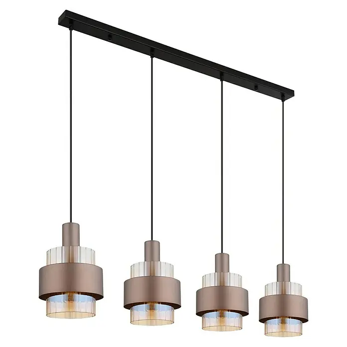 Globo Pendelleuchte Milley - L x B x H: 110 x 18,5 x 150 cm, Schwarz, E27 - Elegante Pendelleuchte mit vier Lampen. Das moderne Design in Gold und klarem Glas sorgt für eine stilvolle Beleuchtung im Raum.